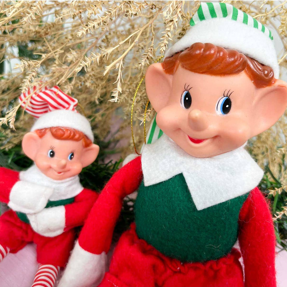 Vintage Elf Knee Huggers Set of 2 Big and Small Kitschy Christmas Decor